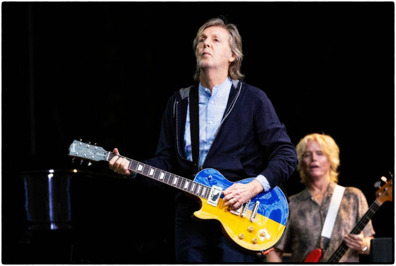 Paul McCartney performs with a custom Gibson Guitars For Peace Les Paul Standard guitar in Syracuse, NY. Photo credit_ MJ Kim.