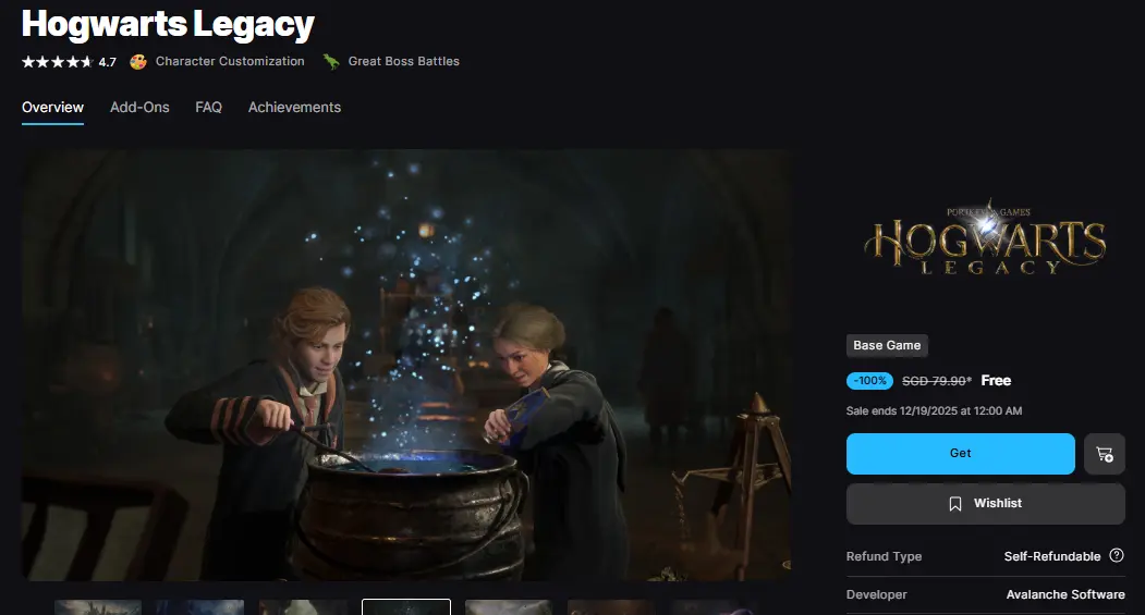Hogwarts Legacy free Epic Games Store