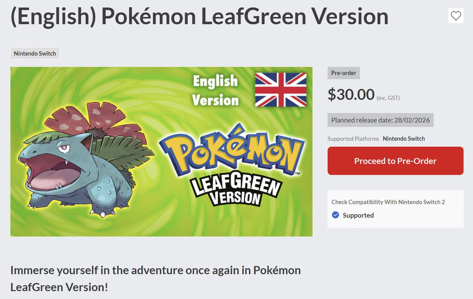 Pokemon FireRed LeafGreen Switch eShop