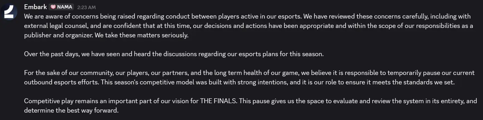 The Finals esports paused