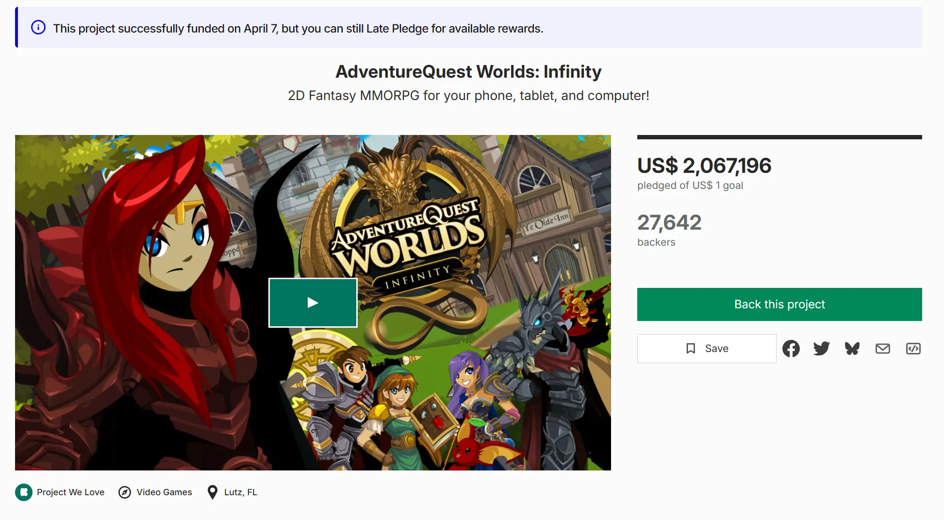 AdventureQuest Worlds Infinity Kickstarter